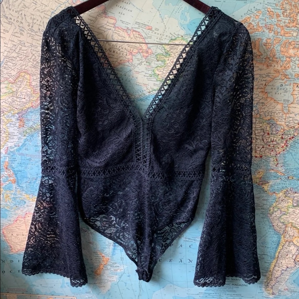 Black lace flared sleeve bodysuit